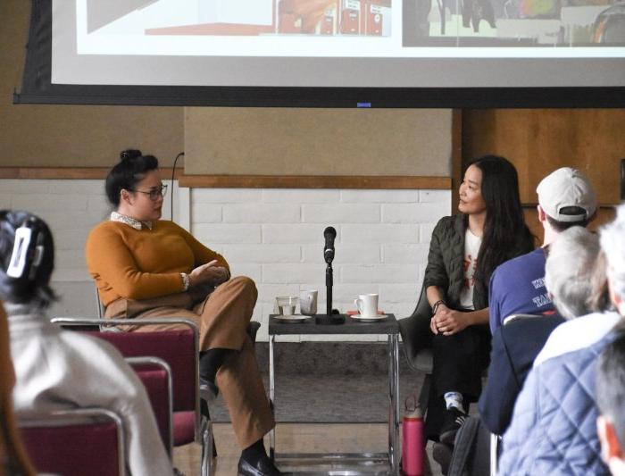 Image of artist Seonna Hong at talk with Dasha Matsuura 